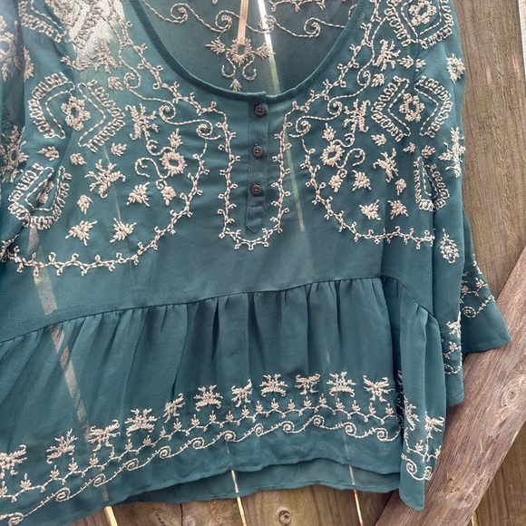 Free People Boho Pennies Sequel Teal Blue Green Embroidered Bell Sleeve Blouse - Picture 4 of 9